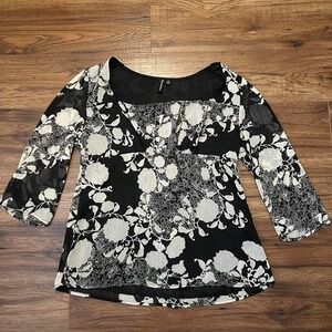 Black Floral Sheer Blouse 3/4 Sleeve Retro Y2K Top Women Medium Whimsygoth Fairy